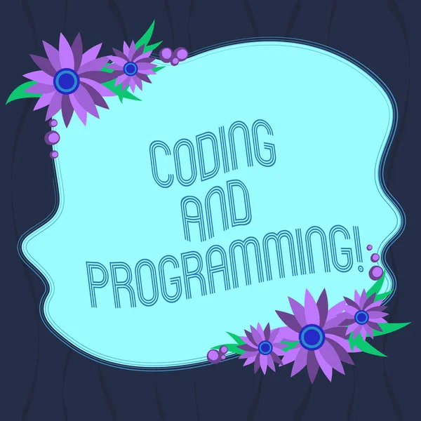 Word schrijven tekst Coding And Programming. Businessconcept voor Design & build een uitvoerbare computerprogramma leeg ongelijke kleur vorm met bloemen rand voor kaarten uitnodiging advertenties. — Stockfoto