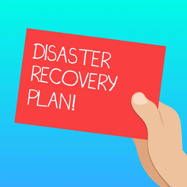 Calligrafia testo Disaster Recovery Plan. Concetto che significa piano per la stabilità aziendale in caso di disastro Analisi Hu disegnata Hand Holding Presentazione di carta a colori vuota Cartone fotografico . — Foto Stock