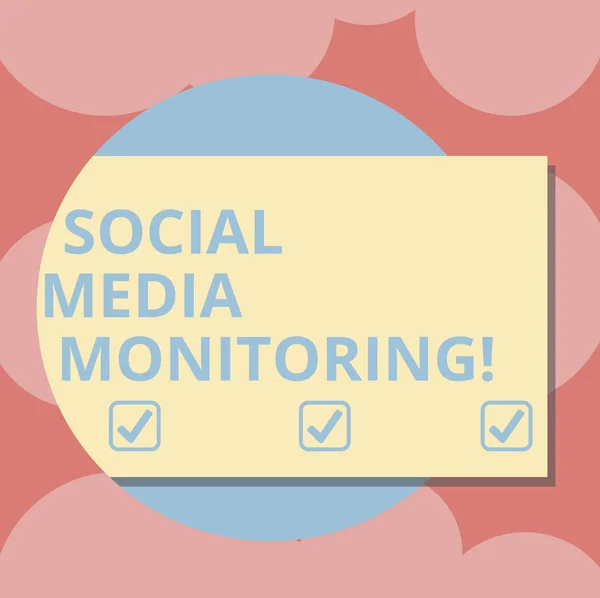 Writing note showing Social Media Monitoring. Business photo showcasing way of computing popularity of a brand online Rectangular Color Shape with Shadow Coming Out from a Circle.
