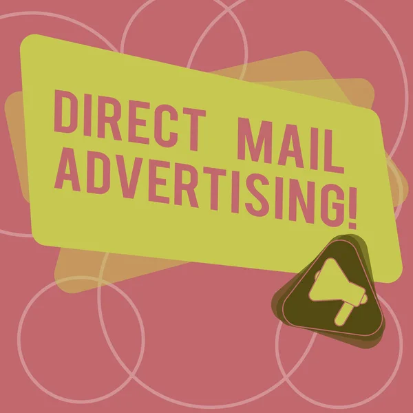 Word writing text Direct Mail Advertising. Business concept for deliver marketing material to client of postal mail Megaphone Inside Triangle and Blank Color Rectangle for Announcement.