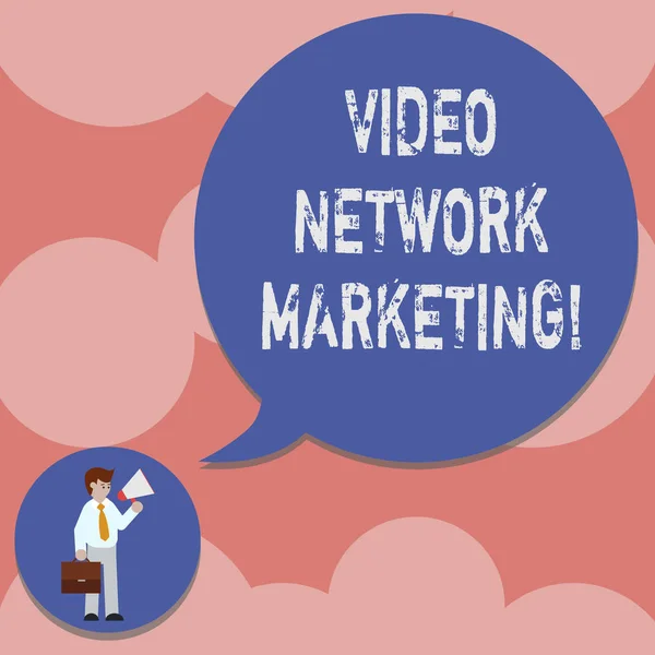 Writing note showing Video Network Marketing. Business photo showcasing Engaging video into your marketing campaign Man in Necktie Carrying Briefcase Holding Megaphone Speech Bubble.