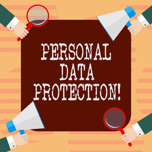 Word writing text Personal Data Protection. Business concept for Keeping secure the demonstratingal data information Hu analysis Hands Each Holding Magnifying Glass and Megaphone on 4 Corners.