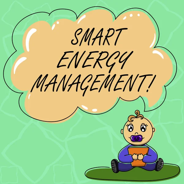 Word writing text Smart Energy Management. Business concept for Lessen consumer dependence on conventional energy Baby Sitting on Rug with Pacifier Book and Blank Color Cloud Speech Bubble.