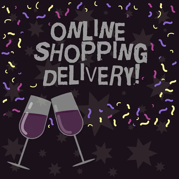 Conceptual hand writing showing Online Shopping Delivery. Business photo showcasing Process of shipping an item from online purchase Filled Wine Glass for Celebration with Scattered Confetti.