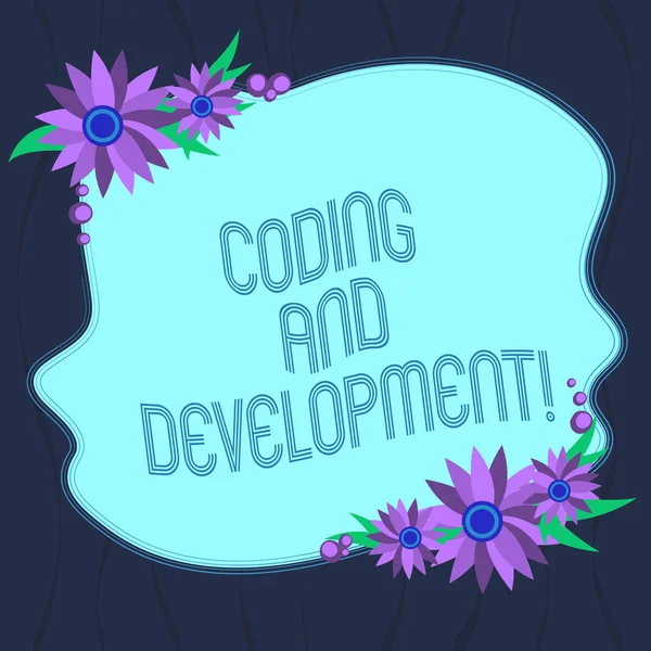 Ord skriva text kodning och utveckling. Affärsidé för att programmera eller skapa en programvara eller något program tom ojämn färg form med blommor gränsen för kort inbjudan annonser. — Stockfoto
