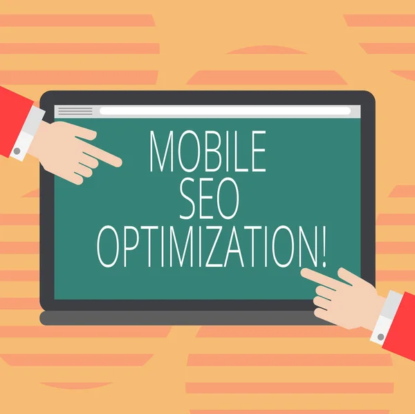 Tekst skrevet av Mobile Seo Optimization. Forretningskonsept for å gjøre det mulig for et nettsted å rangere for mobilsøk Hu-analyse Hands from Both Sides Pointing on a Blank Color Tablet Screen . – stockfoto