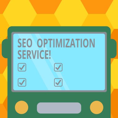 El yazısı metin Seo optimizasyon hizmeti. Bir Web sitesi görünürlüğünü artırmak için amacı anlam kavramı çizilmiş düz ön görünümü, otobüs boş renk pencere kalkan yansıtan ile.