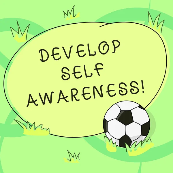 Writing note showing Develop Self Awareness. Business photo showcasing Improve sharp realization of ones demonstratingality Soccer Ball on the Grass and Blank Outlined Round Color Shape photo.