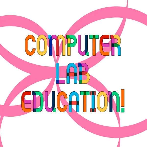 Writing note showing Computer Lab Education. Business photo showcasing Room or space equipped with computers use in a school Ribbon Forming Geometric Round Shape Overlapping on Isolated Surface. — Stock Photo, Image