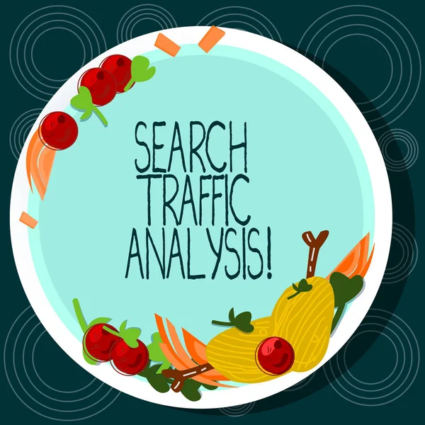 Word writing text Search Traffic Analysis. Business concept for network bandwidth monitoring software or application Hand Drawn Lamb Chops Herb Spice Cherry Tomatoes on Blank Color Plate.