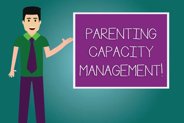 Conceptual hand writing showing Parenting Capacity Management. Business photo showcasing parents ability to protect children from risk Man with Tie Talking Presenting Blank Color Square Board.