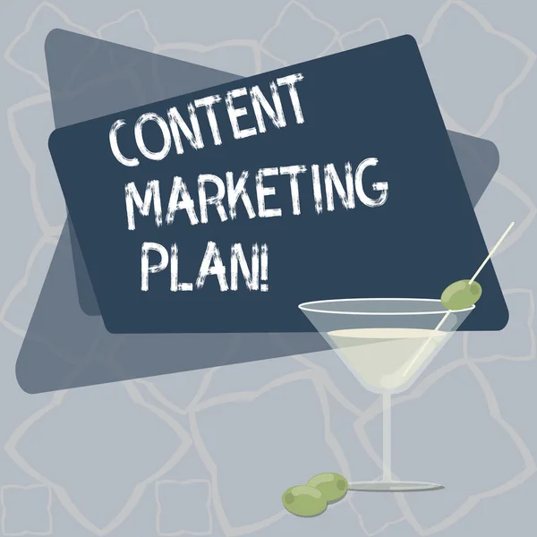 Writing note showing Content Marketing Plan. Business photo showcasing list of actions in delivering valuable content Filled Cocktail Wine Glass with Olive on the Rim Text Space.