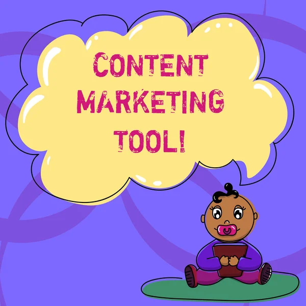 Writing note showing Content Marketing Tool. Business photo showcasing Aid use to create and analysisage content marketing Baby Sitting on Rug with Pacifier Book and Cloud Speech Bubble.