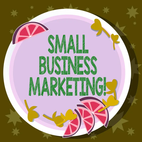 Word writing text Small Business Marketing. Business concept for Specific method of selling the products and service Cutouts of Sliced Lime Wedge and Herb Leaves on Blank Round Color Plate.