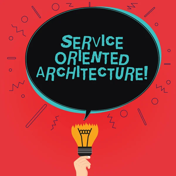 Writing note showing Service Oriented Architecture. Business photo showcasing Central interface A way of organizing software Oval Speech Bubble Above a Broken Bulb with Failed Idea icon.