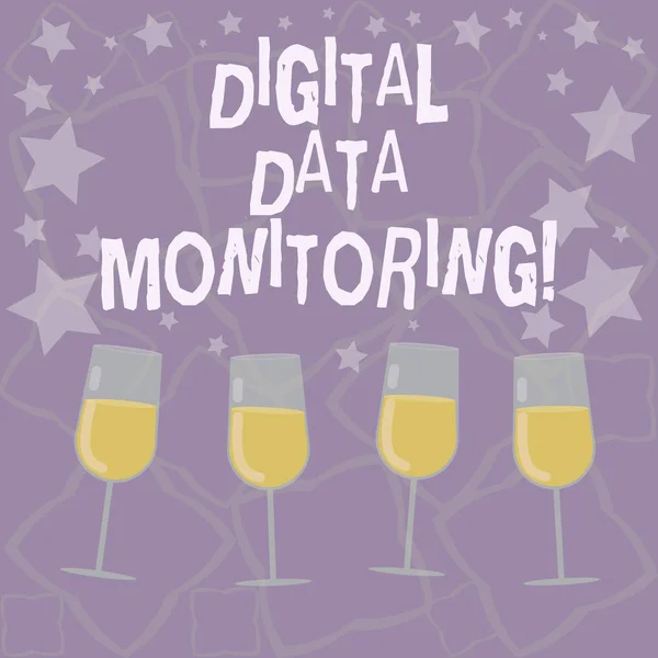 Writing note showing Digital Data Monitoring. Business photo showcasing Routine check of data against quality control rules Filled Cocktail Wine Glasses with Scattered Stars as Confetti Stemware.