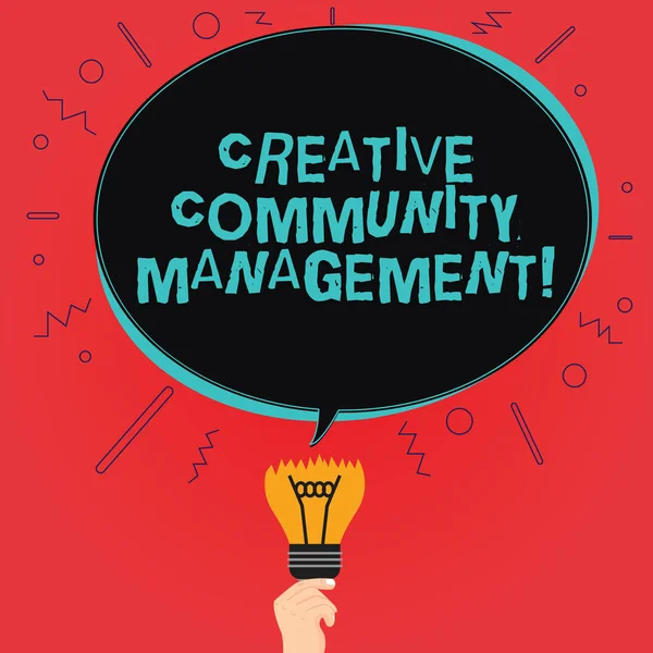 Writing note showing Creative Community Management. Business photo showcasing advocating a brand on social networks Oval Speech Bubble Above a Broken Bulb with Failed Idea icon.