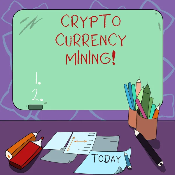 Word writing text Crypto Currency Mining. Business concept for recording transaction record in the blockchain system Mounted Blank Color Blackboard with Chalk and Writing Tools Sheets on Desk. — Stock Photo, Image