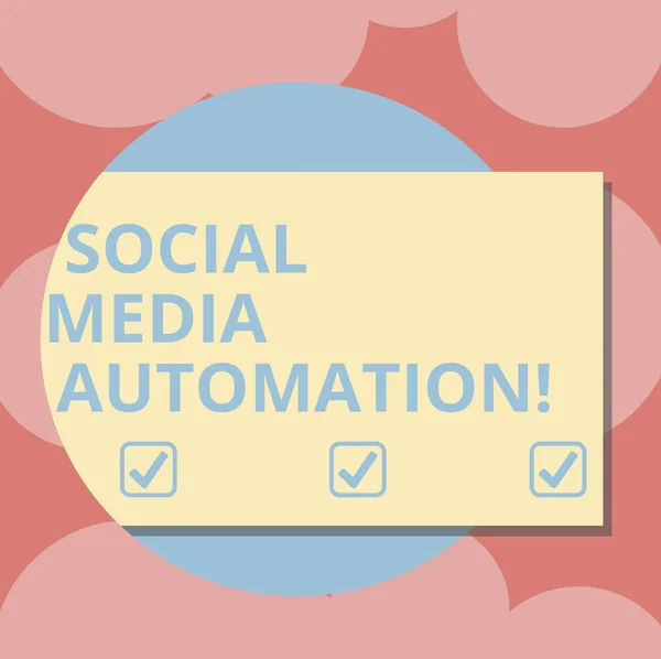 Writing note showing Social Media Automation. Business photo showcasing Automation of posting content to social media Rectangular Color Shape with Shadow Coming Out from a Circle.
