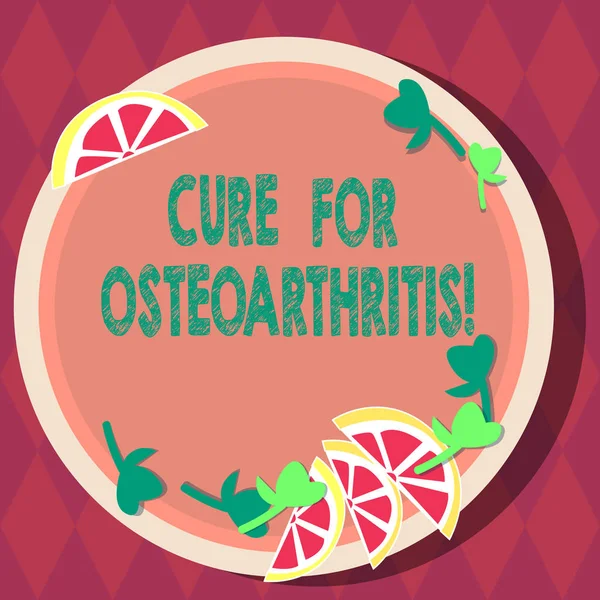 Texto de caligrafia Cure For Osteoarthritis. Conceito significado Tratamento para a dor e rigidez das articulações Recortes de Cunha de Limão Fatiado e Folhas de Erva na Placa de Cor Redonda em Branco . — Fotografia de Stock