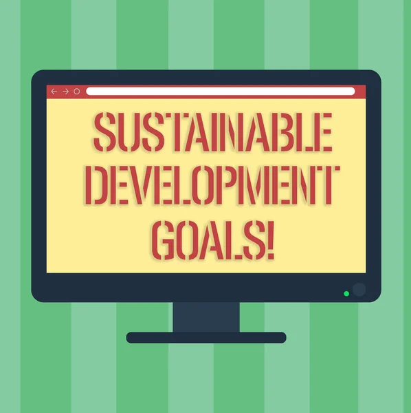 A kézírás szöveg fenntartható fejlesztési célok. Koncepció, azaz egyesül Nemzetek Global vision, a huanalysisity üres számítógép asztali Monitor színes képernyő szerelt a haladás büfé. — Stock Fotó