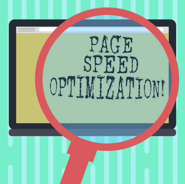 Texto para escrita de palavras Page Speed Optimization. Conceito de negócio para melhorar a velocidade de carregamento de conteúdo em uma página da Web Ampliação de vidro Alargamento Tablet Blank Color Screen photo text Espaço . — Fotografia de Stock