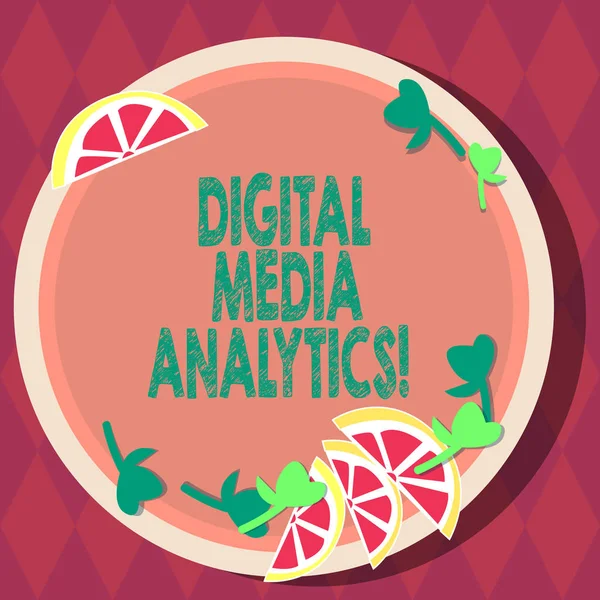 Handwriting text Digital Media Analytics. Concept meaning Analysis of information flowing from a business Cutouts of Sliced Lime Wedge and Herb Leaves on Blank Round Color Plate.