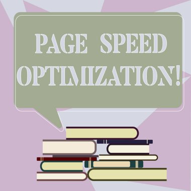 Sayfa hızı optimizasyonu gösterilen Not yazma. İş fotoğraf vitrine geliştirmek içeriği düzensiz kazık Hardbound kitap ve dikdörtgen konuşma balonu bir Web sayfası yükleme hızı.