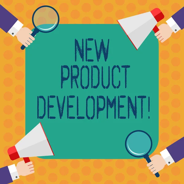 Writing note showing New Product Development. Business photo showcasing Process of bringing a new product to the marketplace Hu analysis Hands Holding Magnifying Glass and Megaphone.