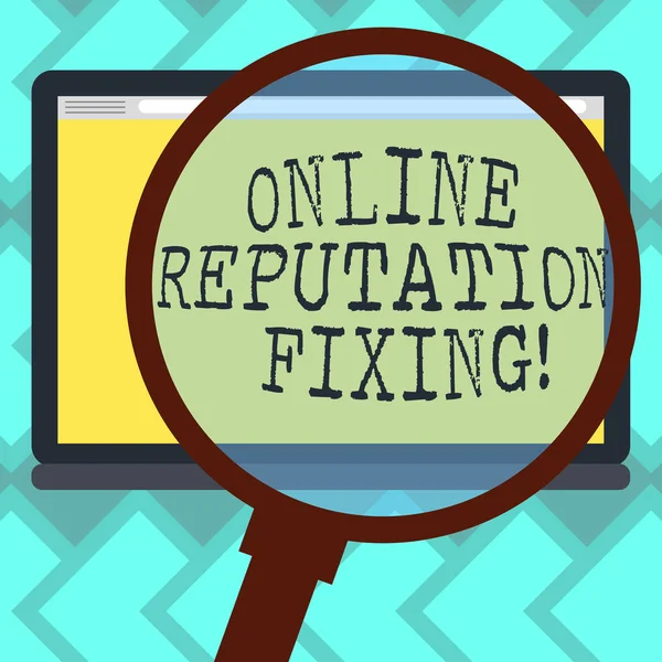 Text sign showing Online Reputation Fixing. Conceptual photo Taking control of the online conversation Magnifying Glass Enlarging Tablet Blank Color Screen photo text Space.