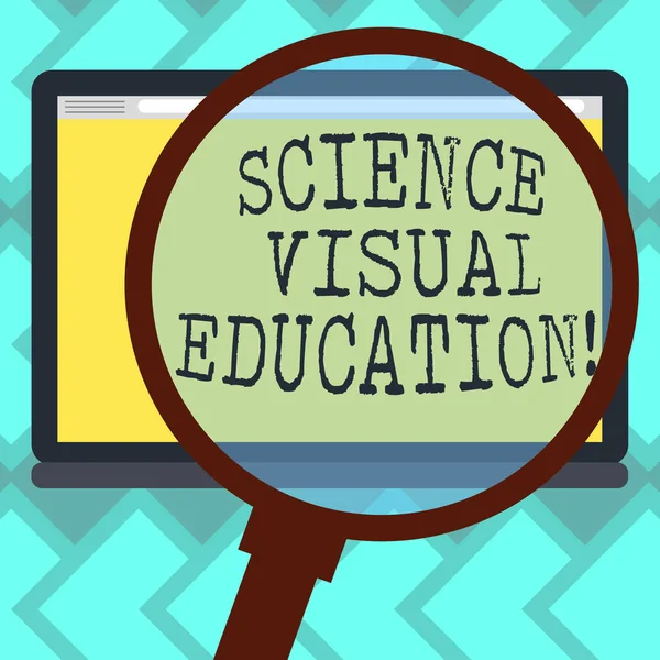 Text sign showing Science Visual Education. Conceptual photo Use infographic to understand ideas and concepts Magnifying Glass Enlarging Tablet Blank Color Screen photo text Space. — Stock Photo, Image