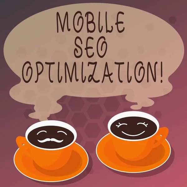 Texto de escritura de palabras Mobile Seo Optimization. Concepto de negocio para permite a un sitio web para clasificar para búsquedas móviles Conjuntos de plato de la taza para el suyo y el de ella icono de la cara de café con vapor en blanco . — Foto de Stock