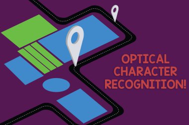 Optik karakter tanıma gösterilen Not yazma. İş fotoğraf kimliği vitrine yazdırılan karakterler yol haritası navigasyon Marker yön rota Danışma için 3d Locator Pin.