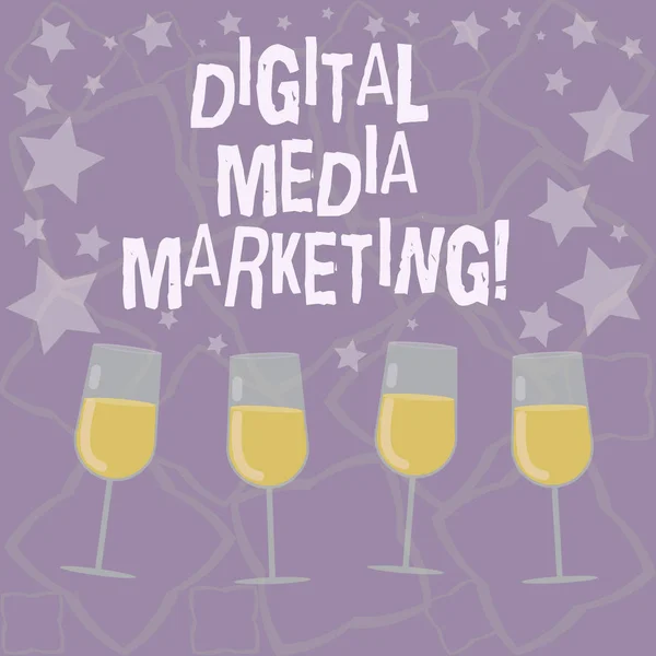 Writing note showing Digital Media Marketing. Business photo showcasing Use of numerous digital tactics and channels Filled Cocktail Wine Glasses with Scattered Stars as Confetti Stemware.