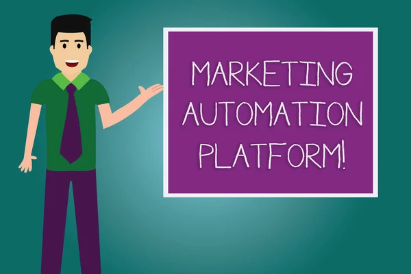 Conceptual hand writing showing Marketing Automation Platform. Business photo showcasing automate repetitive task related to marketing Man with Tie Talking Presenting Blank Color Square Board.