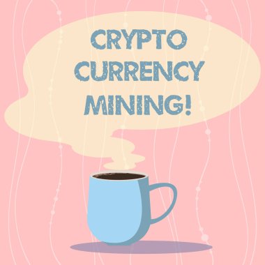 Word metin şifreleme para birimi araştırma yazma. Blockchain sistem kupa fotoğraf Buhar simgesi olarak boş renk konuşma balonu ile sıcak kahve Kupası işlem kaydı kayıt için iş kavramı.