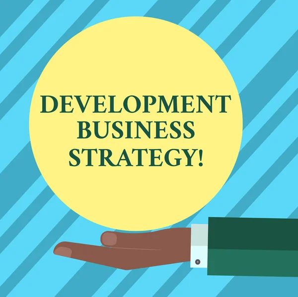 Text sign showing Development Business Strategy. Conceptual photo Longterm business planning Strategic plan Hu analysis Hand in Suit Offering Blank Solid Color Circle for Logo Posters. — Stock Photo, Image