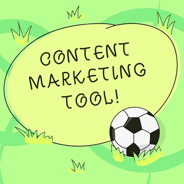 Writing note showing Content Marketing Tool. Business photo showcasing Aid use to create and analysisage content marketing Soccer Ball on the Grass and Blank Outlined Round Color Shape photo.