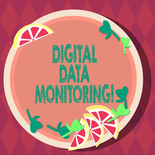 Handwriting text Digital Data Monitoring. Concept meaning Routine check of data against quality control rules Cutouts of Sliced Lime Wedge and Herb Leaves on Blank Round Color Plate.
