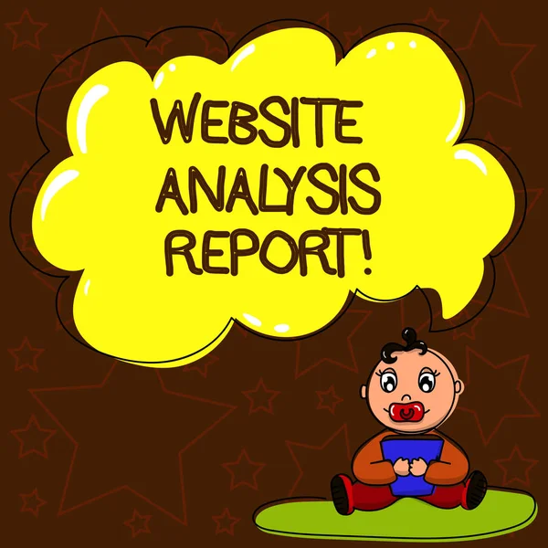 Writing note showing Website Analysis Report. Business photo showcasing Process of studying the behavior of website visitors Baby Sitting on Rug with Pacifier Book and Cloud Speech Bubble