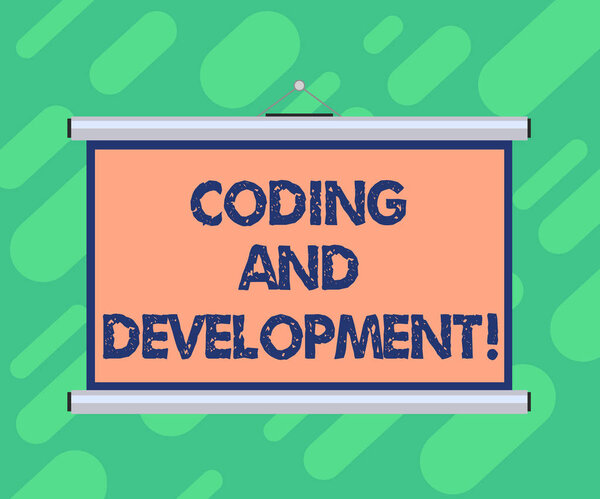 Conceptual hand writing showing Coding And Development. Business photo showcasing To program or create a software or any application Portable Wall Projection Screen for Conference Presentation.