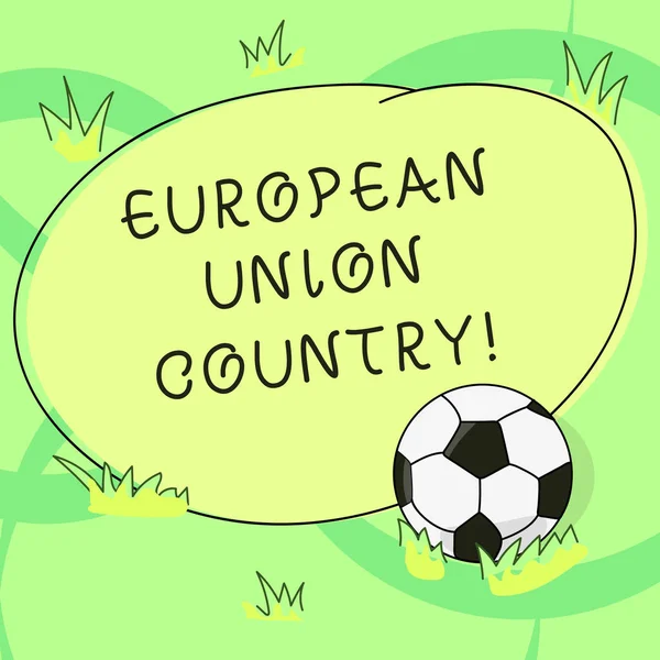 Writing note showing European Union Country. Business photo showcasing States or countries that located primarily in Europe Soccer Ball on the Grass and Blank Outlined Round Color Shape photo.