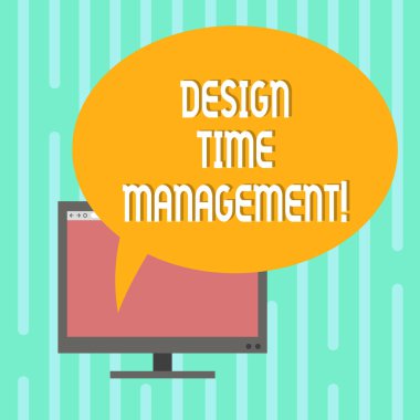 Word metin tasarım zaman yönetimi yazma. İş kavramı koordinasyon faaliyetlerinin çaba Mounted bilgisayar monitörü boş ekran Oval renk konuşma balonu ile en üst düzeye çıkarmak için.
