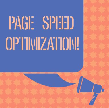 Sayfa hızı optimizasyonu gösterilen Not yazma. İş fotoğraf vitrine içerik bir Web sayfasının renk siluet, boş Meydanı konuşma balonu ve megafon fotoğraf yükleme hızını artırmak.