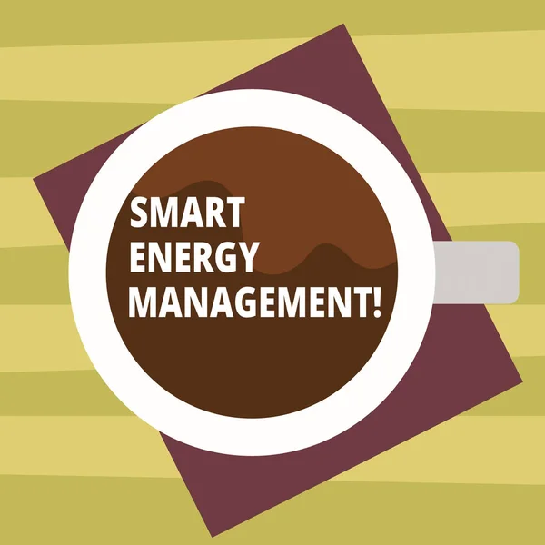 Text sign showing Smart Energy Management. Conceptual photo Lessen consumer dependence on conventional energy Top View of Drinking Cup Filled with Beverage on Color Paper photo.