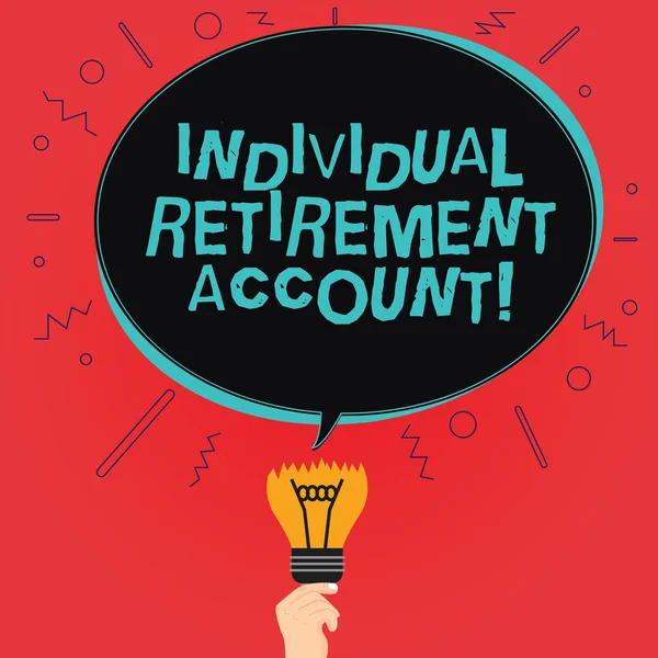 Writing note showing Individual Retirement Account. Business photo showcasing Invest and earmark funds for retirement Oval Speech Bubble Above a Broken Bulb with Failed Idea icon.