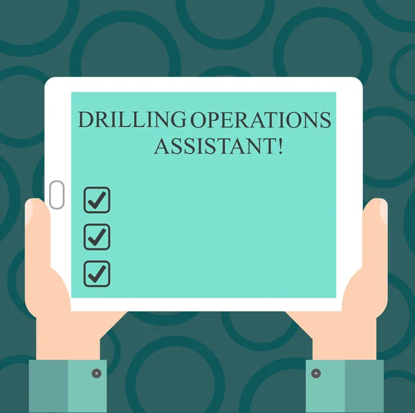 Nota di scrittura che mostra Drilling Operations Assistant. Business photo showcase supervisiona il lavoro svolto sul pavimento del trapano Analisi Hu Hand Holding Tablet Smartphone Display Unit foto . — Foto Stock