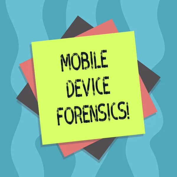 Conceptual hand writing showing Mobile Device Forensics. Business photo text Electronic data gathering for legal evidence use Multiple Layer of Sheets Color Paper Cardboard with Shadow. — Stock Photo, Image