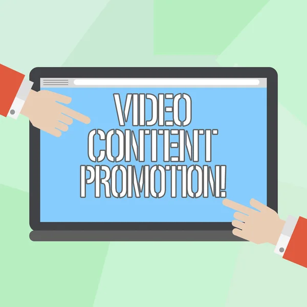 Conceptual hand writing showing Video Content Promotion. Business photo showcasing video with the intent to promote the products Hu analysis Hands Pointing on a Blank Color Tablet Screen.