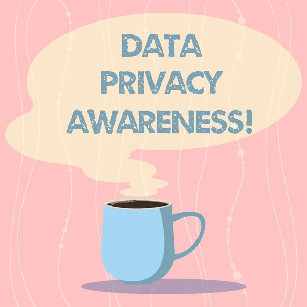 Word writing text Data Privacy Awareness. Business concept for Respecting privacy and protect what we share online Mug photo Cup of Hot Coffee with Blank Color Speech Bubble as Steam icon.